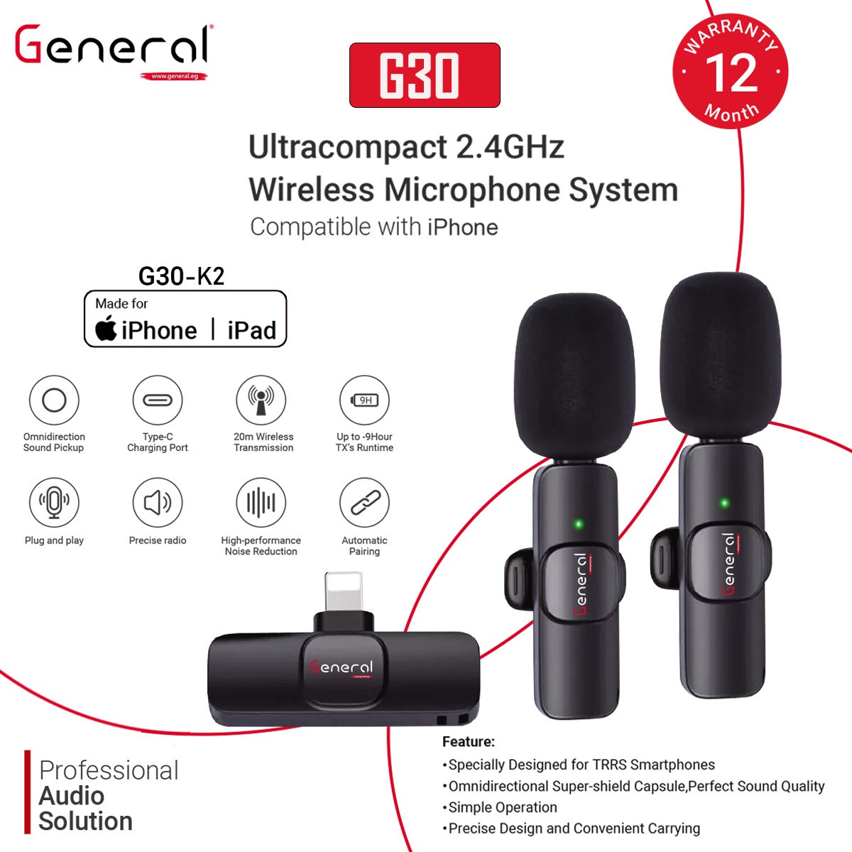 General Wireless G30 microphones  kit 2 for Iphone and (Type-C)