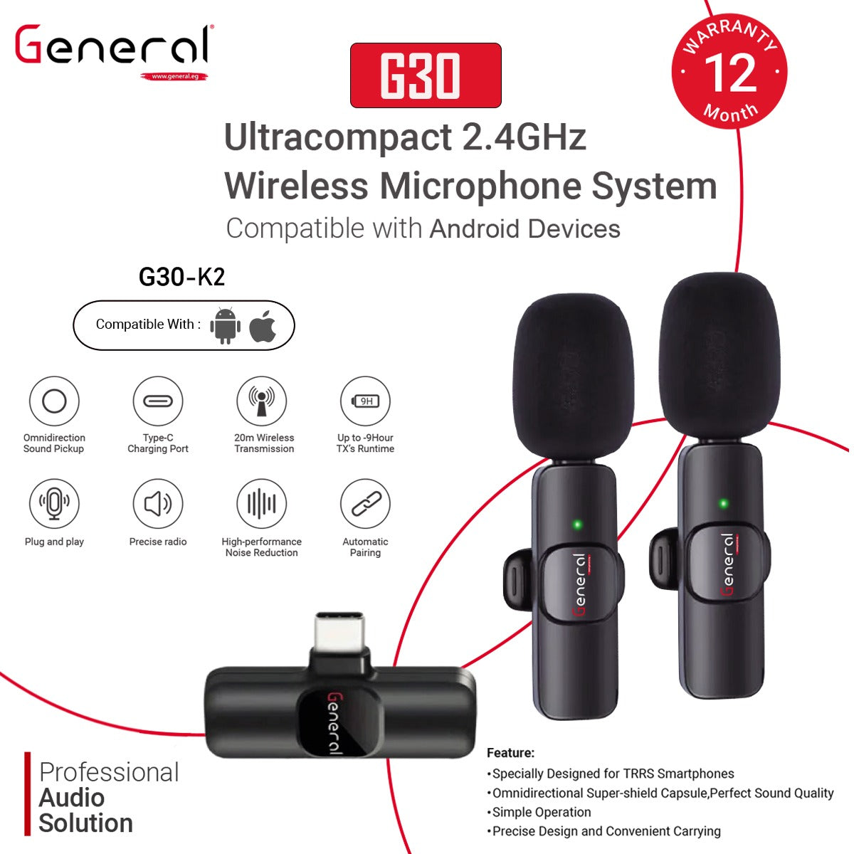 General Wireless G30 microphones  kit 2 for Iphone and (Type-C)