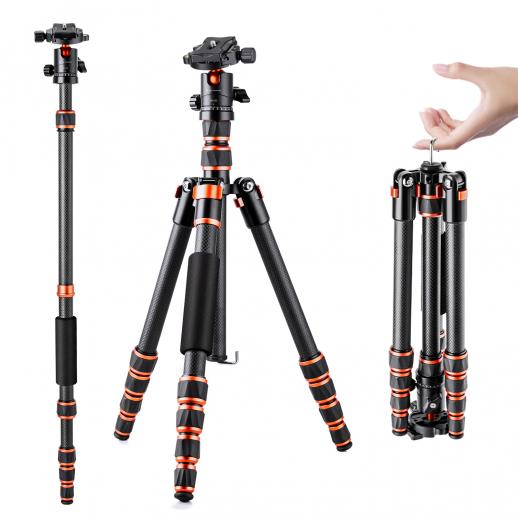 K&F 1.5m Carbon Fiber Camera Lightweight Tripod ,8kg Load 360° Ball Head for Vlog,Travel & Work +BH-25