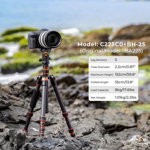 K&F 1.5m Carbon Fiber Camera Lightweight Tripod ,8kg Load 360° Ball Head for Vlog,Travel & Work +BH-25