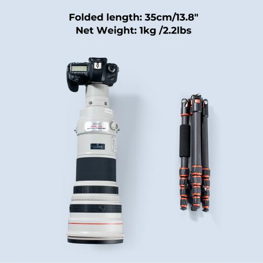 K&F 1.5m Carbon Fiber Camera Lightweight Tripod ,8kg Load 360° Ball Head for Vlog,Travel & Work +BH-25