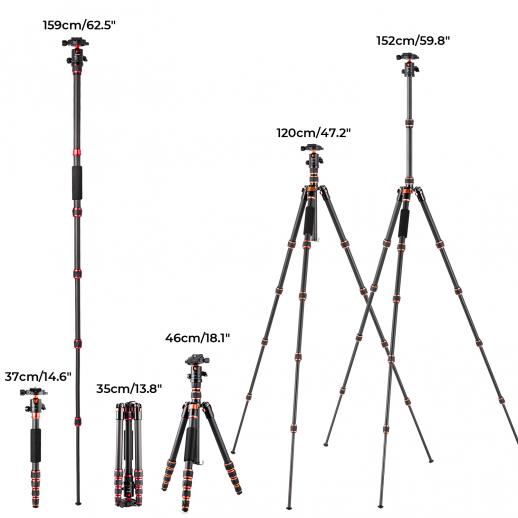 K&F 1.5m Carbon Fiber Camera Lightweight Tripod ,8kg Load 360° Ball Head for Vlog,Travel & Work +BH-25