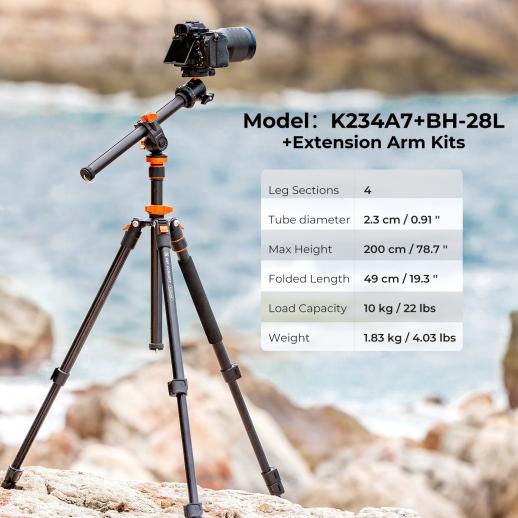 K&F 2m Overhead Aluminum Tripod Compact Portable Tripod Monopod 10kg Load with Rotatable 360° Center Column K234A7+BH-28L