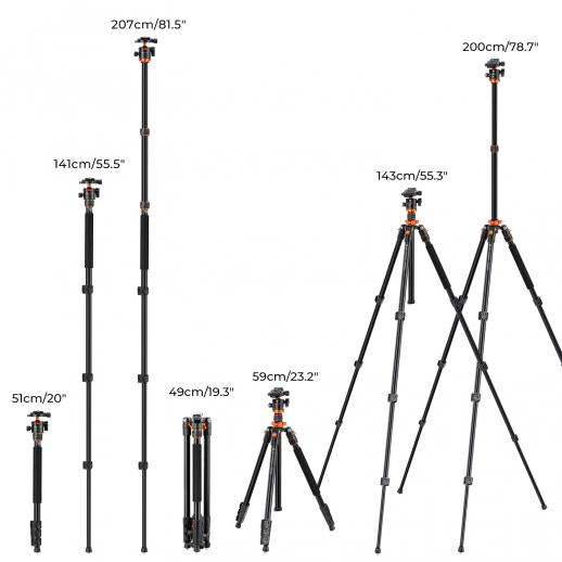 K&F 2m Overhead Aluminum Tripod Compact Portable Tripod Monopod 10kg Load with Rotatable 360° Center Column K234A7+BH-28L