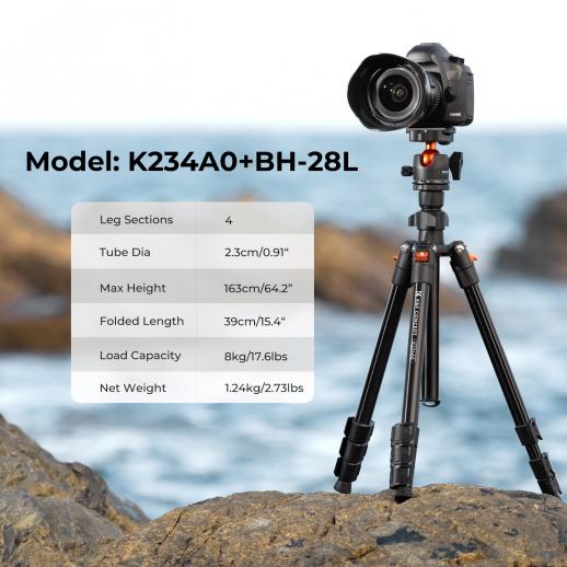 k&F 1.6m Lightweight Aluminum Compact Camera Tripod Flexible & Portable 8kg Load +BH-28L